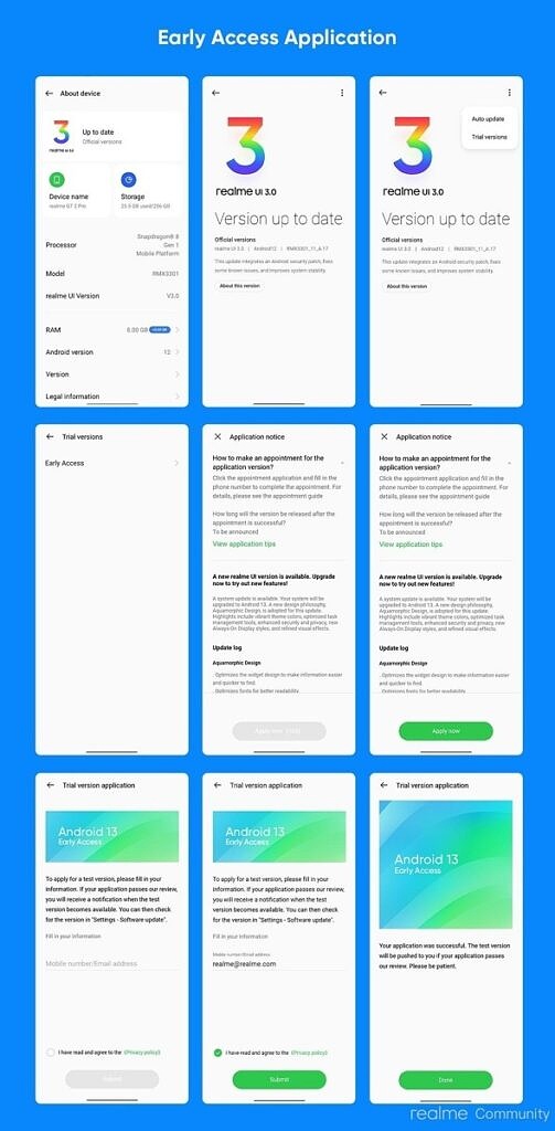 Realme 的 Android 13 抢先体验计划的抢先体验申请流程截图。