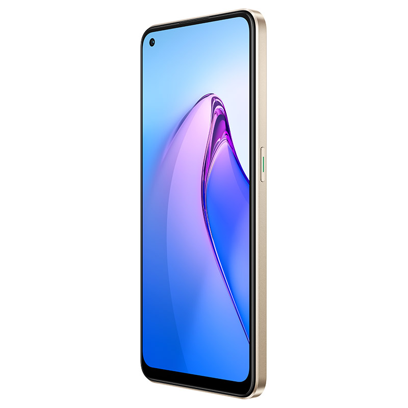 Shimmer Gold Oppo Reno 8 在白色背景上的正面轮廓。